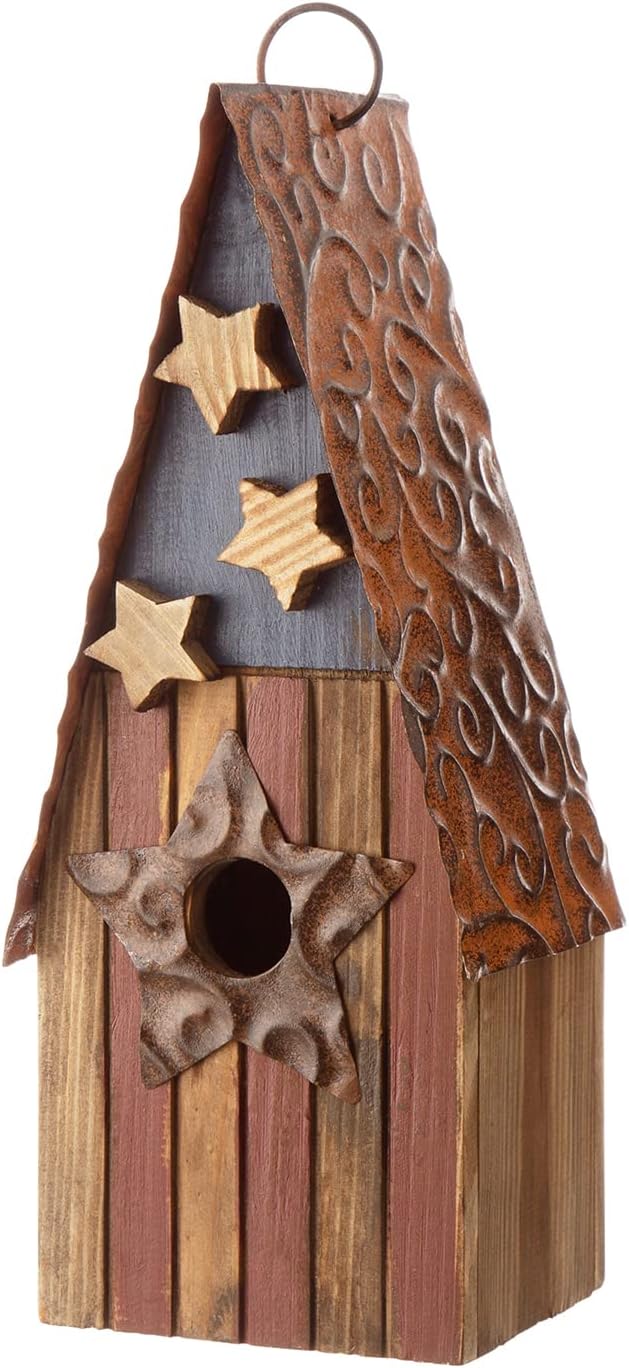 Glitzhome Hanging Birdhouses for Outdoors, Patriotic USA Distressed Solid Wood Cottage Design with 3D Stars, Garden Wooden Birdhouse for Bluebird Hummingbird Wren Finch Cardinals Cedar 12.5" H