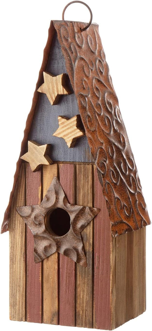 Glitzhome Hanging Birdhouses for Outdoors, Patriotic USA Distressed Solid Wood Cottage Design with 3D Stars, Garden Wooden Birdhouse for Bluebird Hummingbird Wren Finch Cardinals Cedar 12.5" H