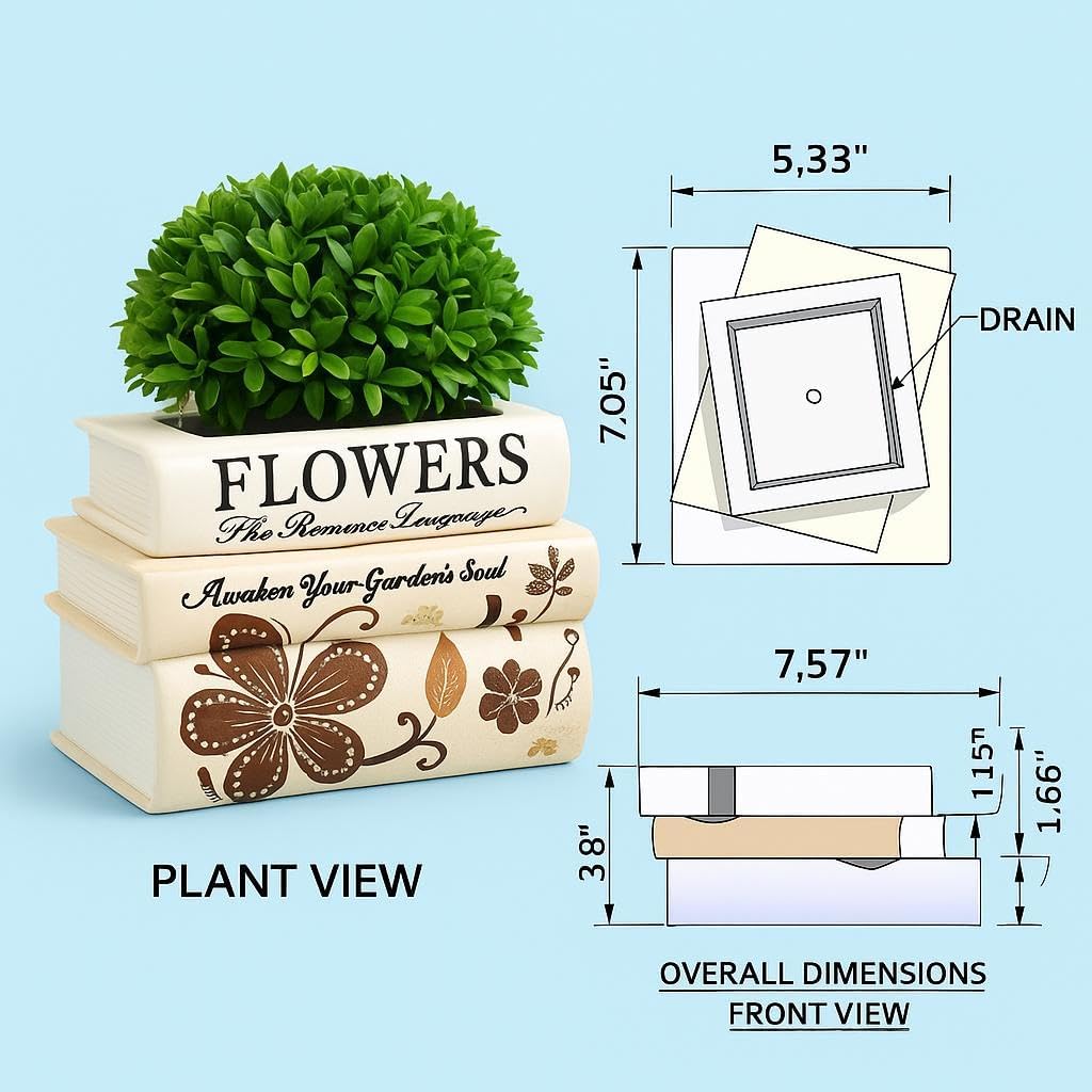 MyGoal Decorative Book Vase – Ceramic Flower Pot with Drainage Hole, Multicolor Tower Design, Small Size for Table, Desk, Shelf, Gift for Book Lovers