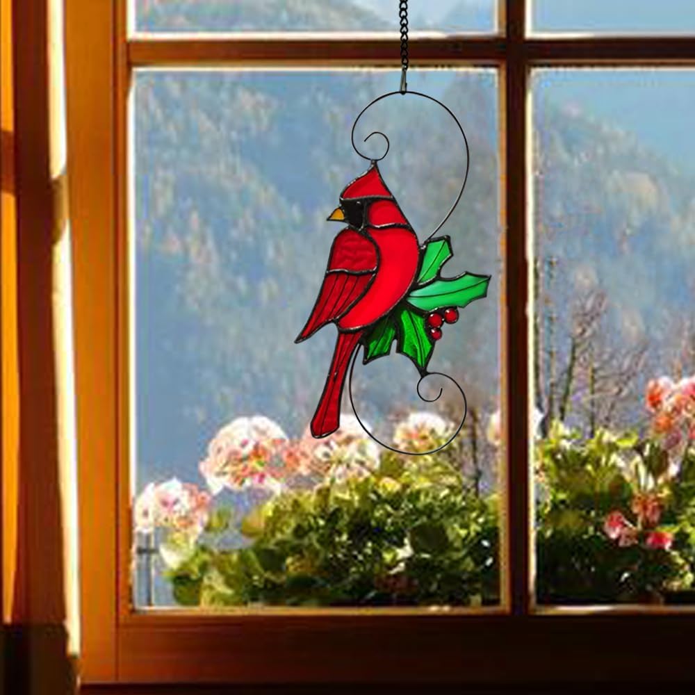 Red Cardinal Stained Glass Bird Suncatcher for Mom, Grandma, Women - Real Glass Window Hanging Ornament - Handmade Bird Lover Home Decor