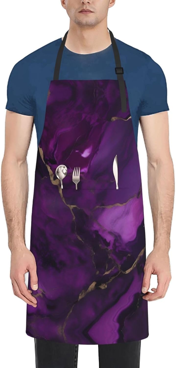 Dark purple texture marble print Waterproof chef's apron with pocket apron for kitchen cooking baking barbecue and gardening