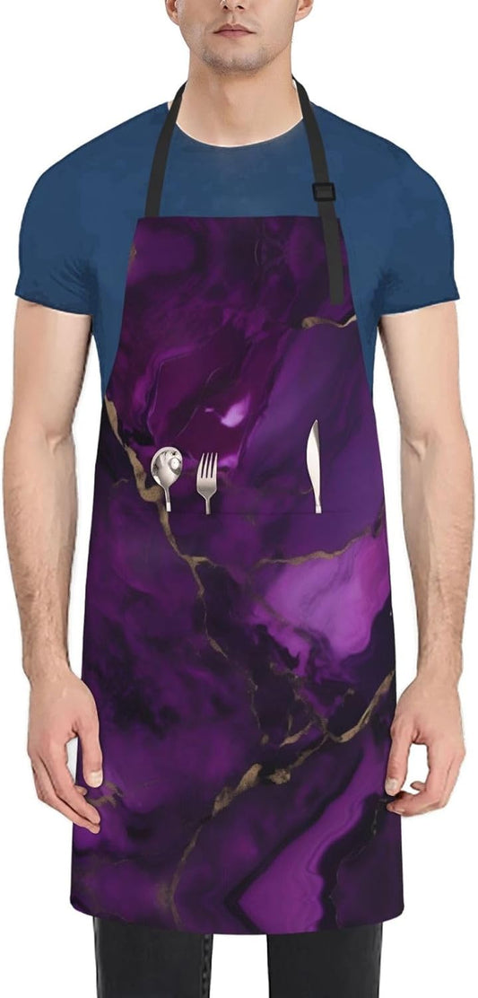Dark purple texture marble print Waterproof chef's apron with pocket apron for kitchen cooking baking barbecue and gardening