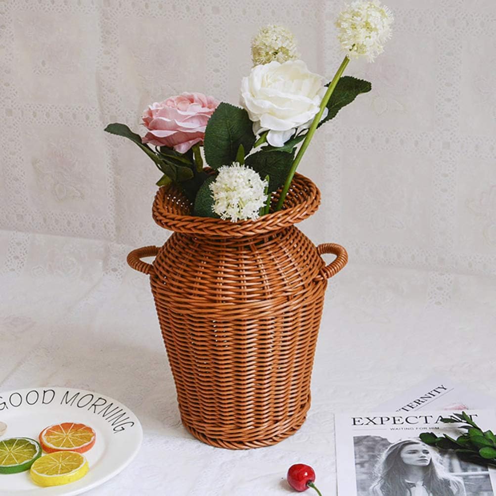 Cabilock Light Brown Plastic Modern Vase, Handmade Rattan Cover, Farmhouse Decor, Multipurpose Floral Holder, Tabletop Decorative Pot, Gift Set for Women