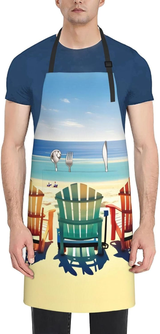 beach scene with chairs Print Laundry apron 28x33 In Waterproof Kitche