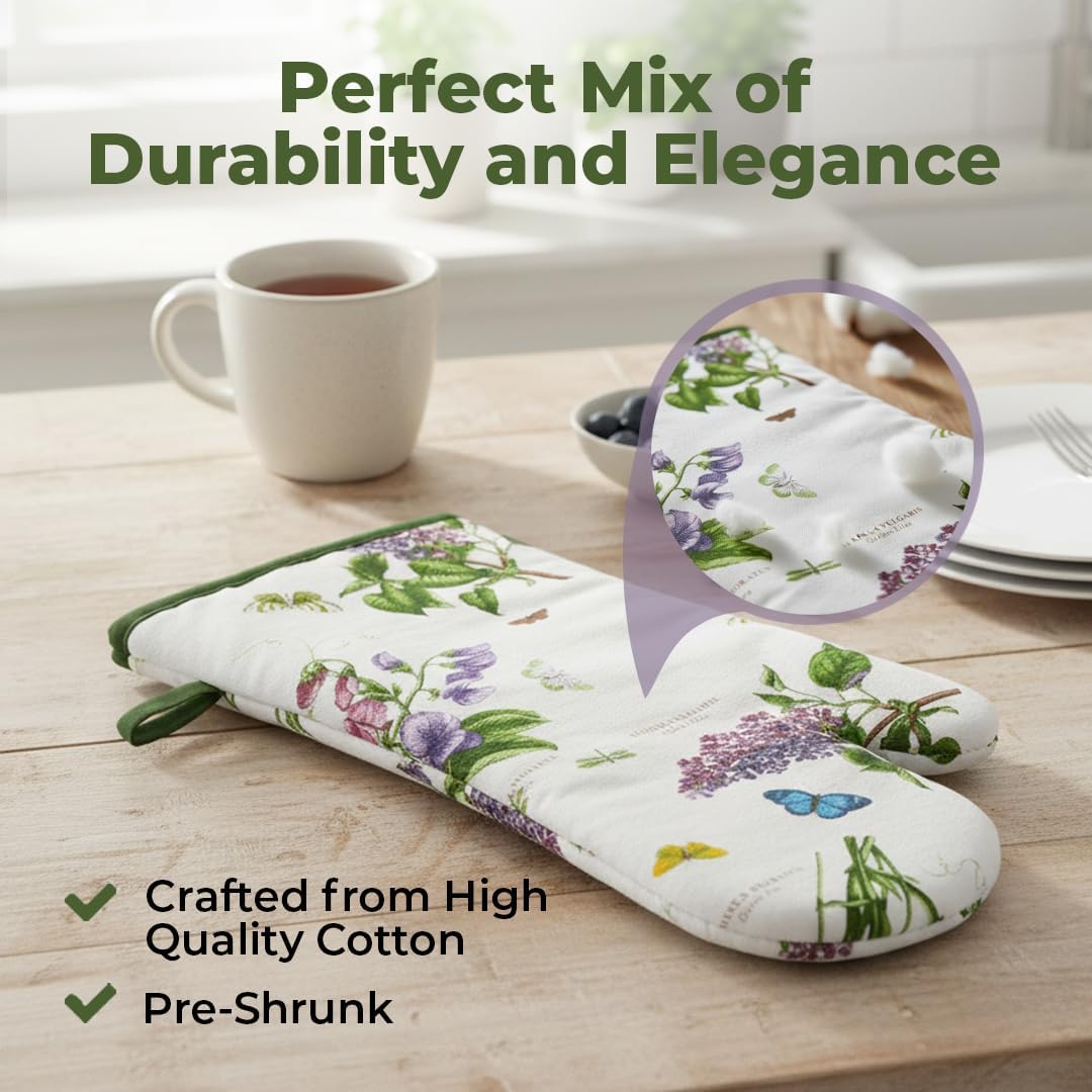 Pimpernel Botanic Garden 14.5" Gauntlet Oven Glove | Floral Motif | Cotton Textile Blend | Machine Washable | Ideal for Cooking, Grilling, and Baking