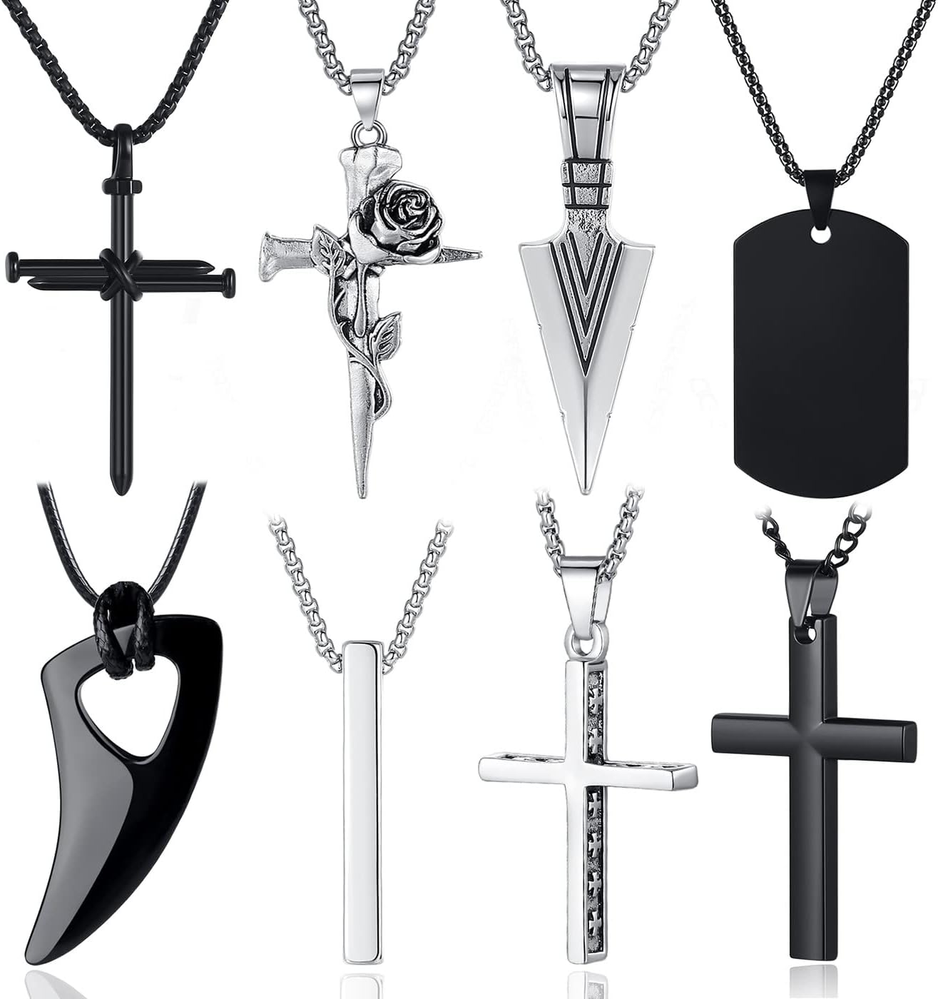 MAIBAOTA 8 Pcs Necklace for Men, Mens Necklaces Jewelry Set, Black and