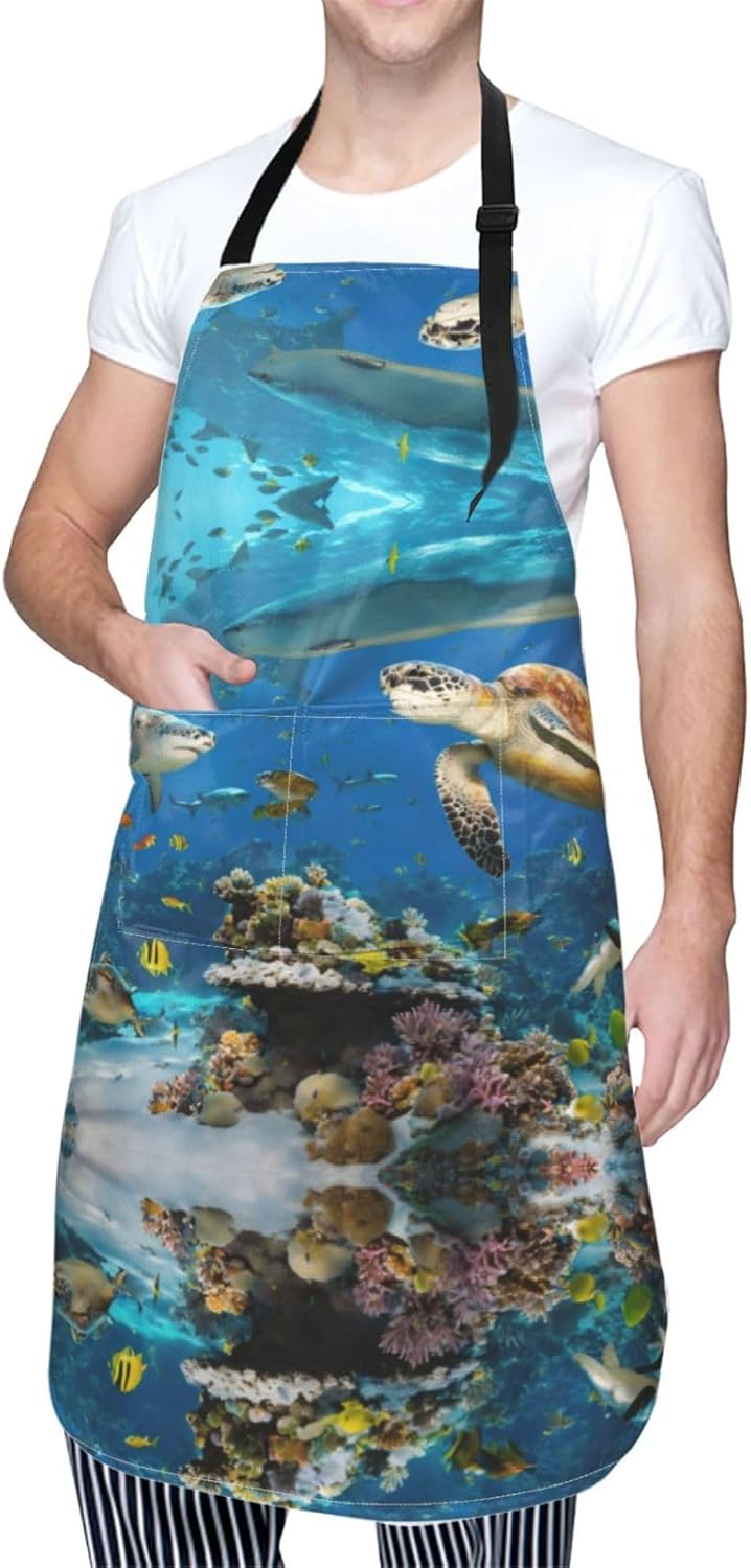 Sea Turtles Print Laundry apron 28x33 In Waterproof Kitchen Apron with