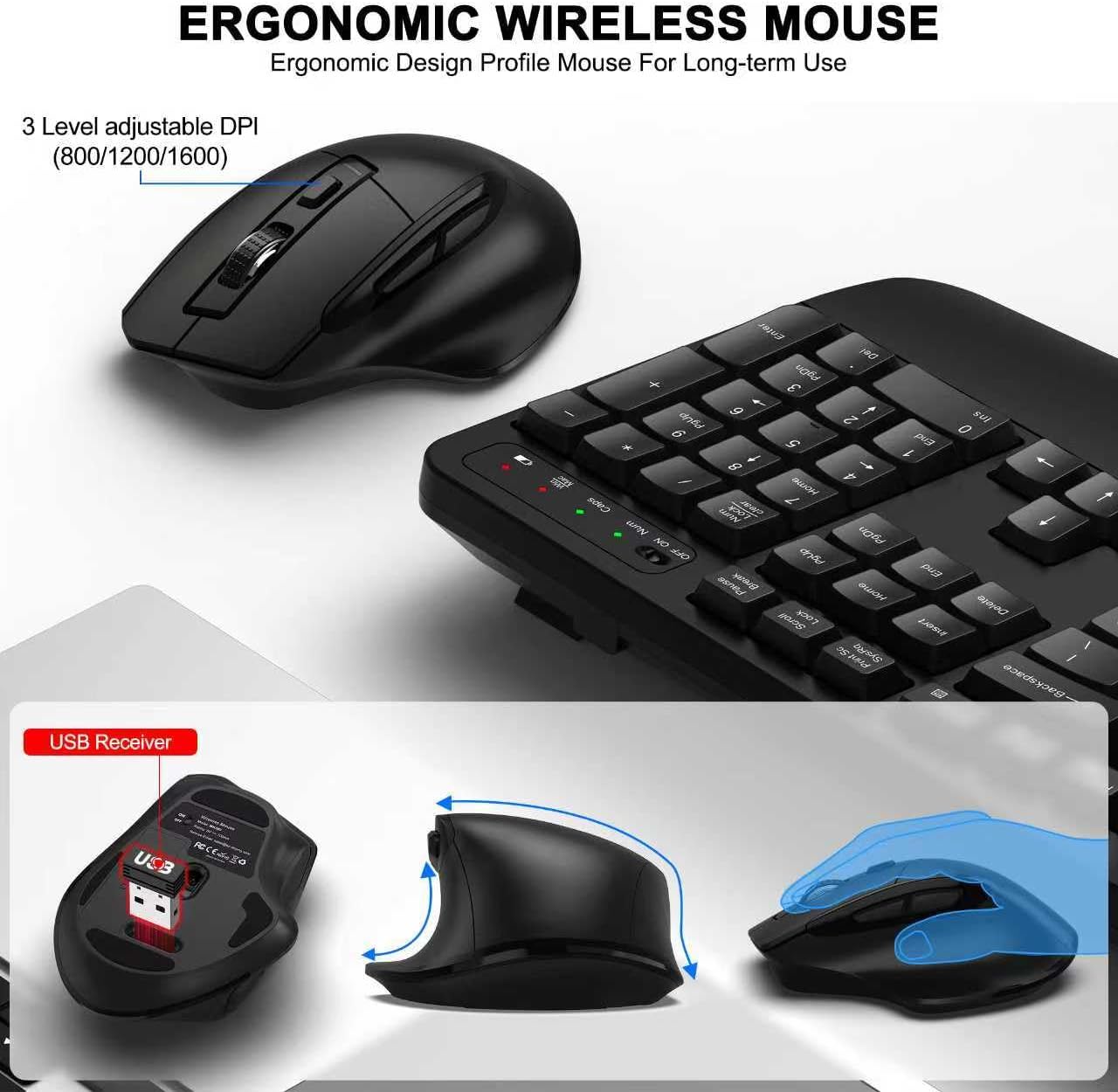 Wireless Keyboard and Mouse Combo, 2.4G Full Size Wave Keys Ergonomic 