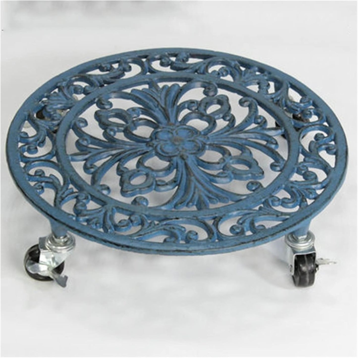 Wooden Vase Base Plant Caddy Cast Iron Plant Stand Round Indoor Outdoor on Roller Patio/Flower Pot (14in Iron Planter Trolley) Wooden Vase Stand (Color : A)