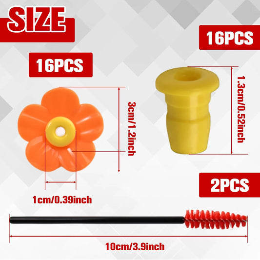 16 Pieces Hummingbird Feeders Replacement Flowers Pet Replacement Bird Feeder Parts with 2 PCS Brush for Feeding Ports Bee Guards Hummingbird Outdoors Hanging Feeder Bright Color