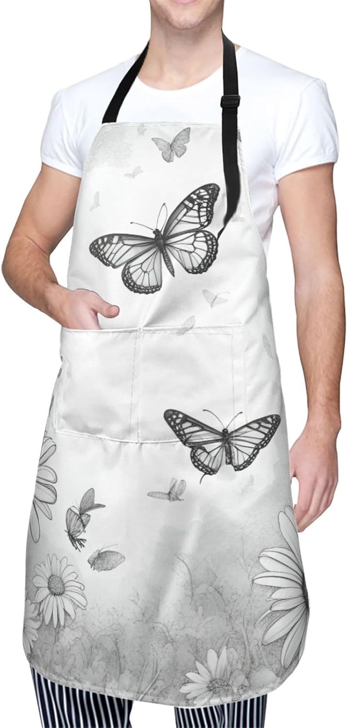 YANYU Butterfly Daisy Print 28x33 In Kitchen Apron Stylish Chef Apron with Pockets for Cooking Baking Painting