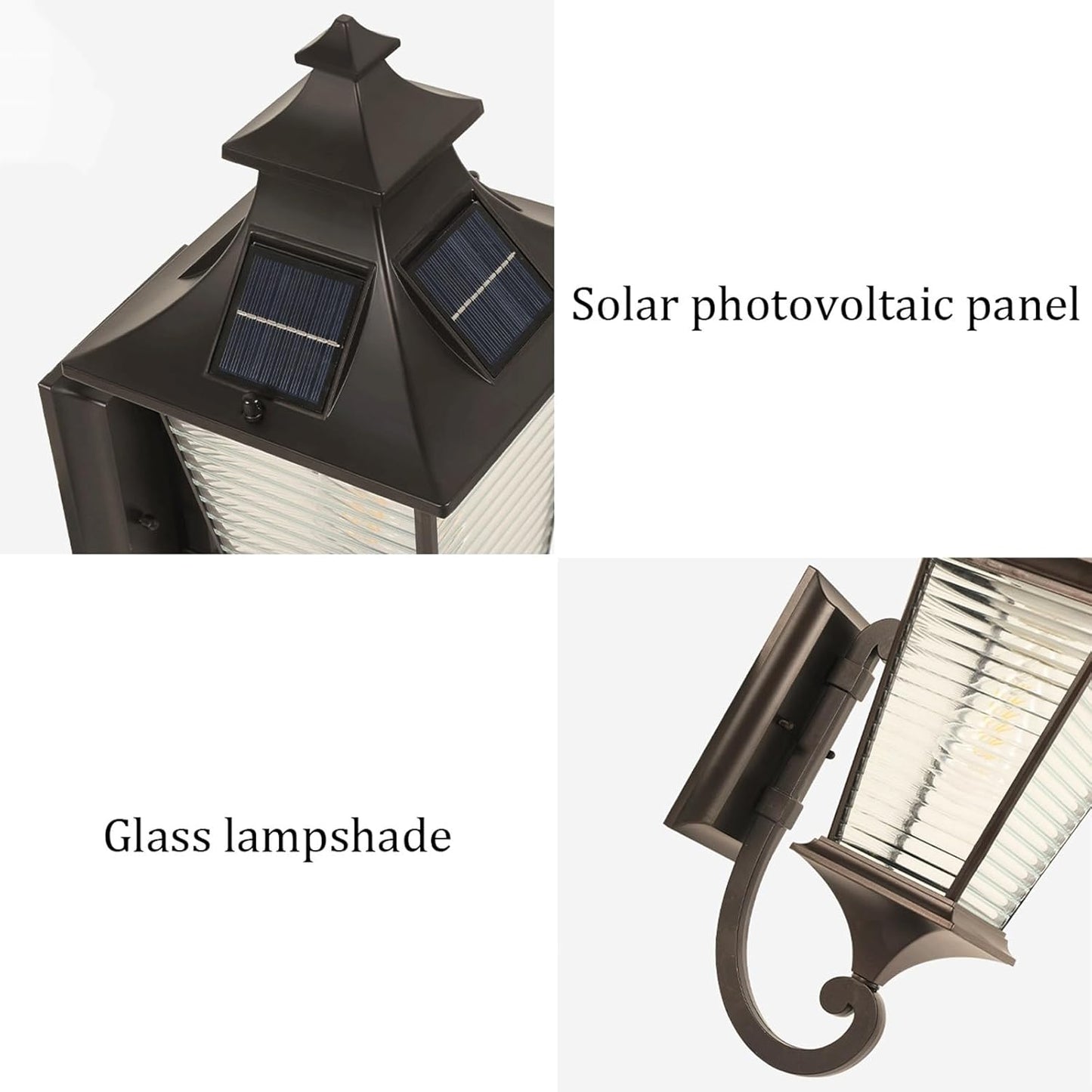 Solar Exterior Wall Lantern, Coffee Gold Die Cast Aluminum Lamp with Glass Shade, Waterproof Dusk to Dawn LED Fixture for Porch Patio Garden Villa Entryway Terrace Gate Path Cottage