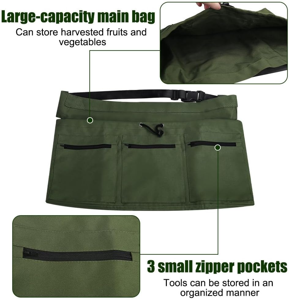 DONGKER Gardening Harvesting Apron,Adjustable Half Florist Apron with 3 Pockets & Drawstring Bag for Picking Garden Weeding Planting