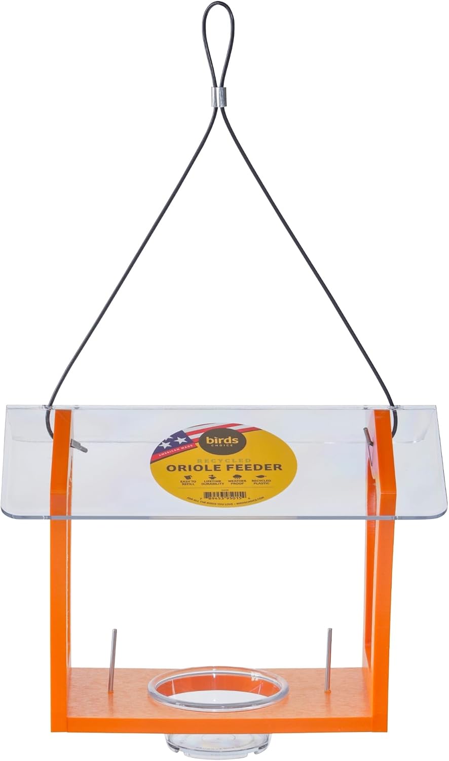 Birds Choice Oriole Bird Feeder | Hanging Bird Feeder for Jelly & Orange Halves | Includes Cup & Fruit Pegs | Recycled Plastic | Sturdy for Garden, Backyard, & Outdoor | 3/4 Cup Capacity, Orange