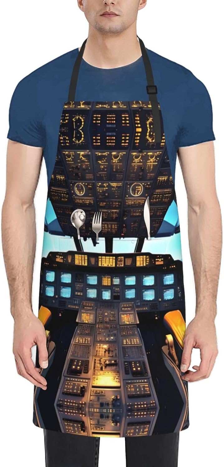 Airplane Cockpit Print Laundry apron 28x33 In Waterproof Kitchen Apron with Pockets for Cooking Baking