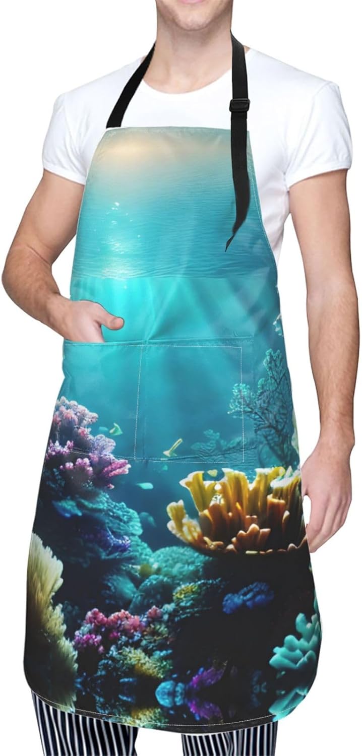 Underwater Scenery print Waterproof apron with pocket adjustable cooking apron for adult kitchen bibs to bake