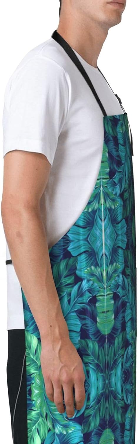 Tropical Palm Leaves Print 28x33 In Adult Kitchen Apron with Pockets Versatile Chef Smock for Cooking Baking