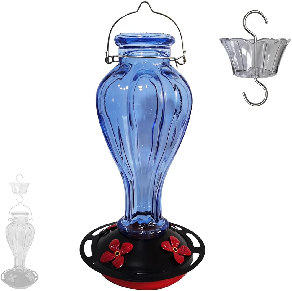 Hummingbird Feeder for Outdoors Hanging - Blue Glass Nectar Feeding Bo