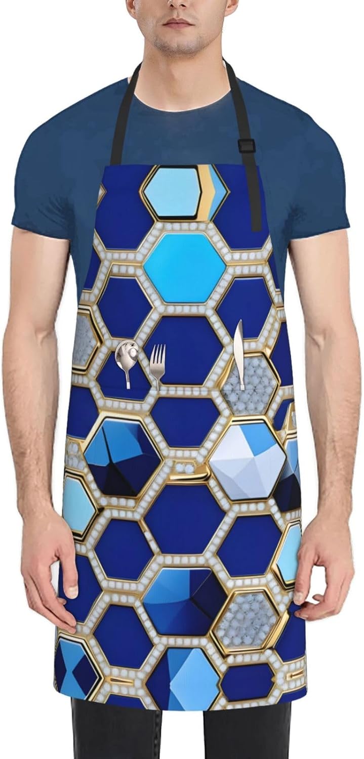 Blue Hexagons and Diamond Print Laundry apron 28x33 In Waterproof Kitchen Apron with Pockets for Cooking Baking