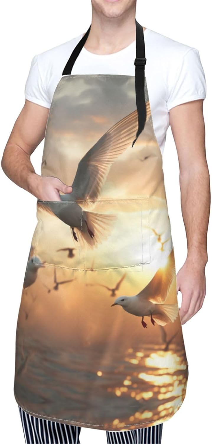 birds print Waterproof apron with pocket adjustable cooking apron for 