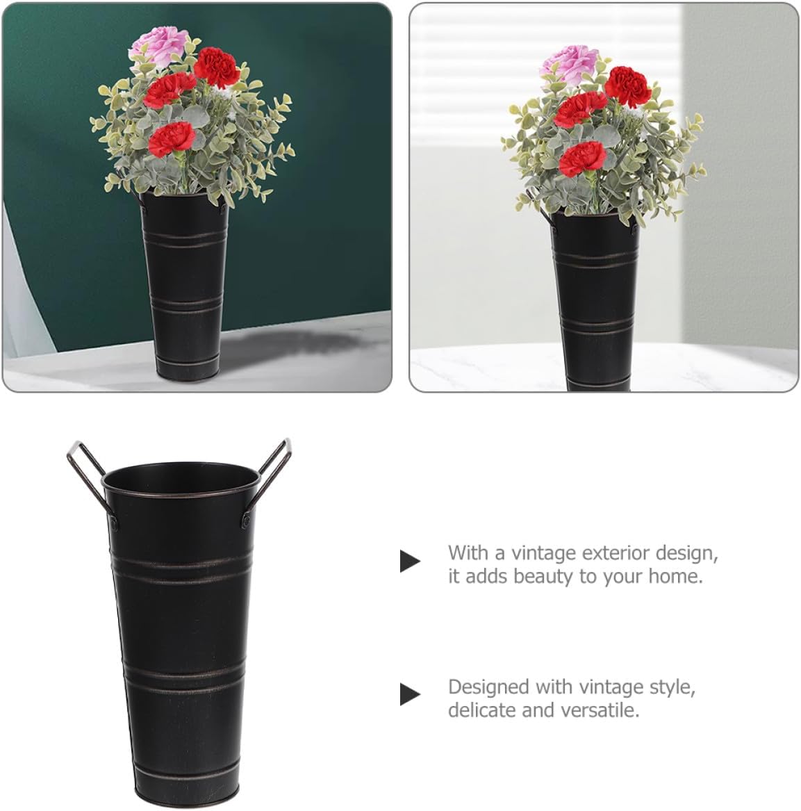 Milisten Vintage Metal Flower Bucket Vase 18.5x31x13cm Iron Planter Ru