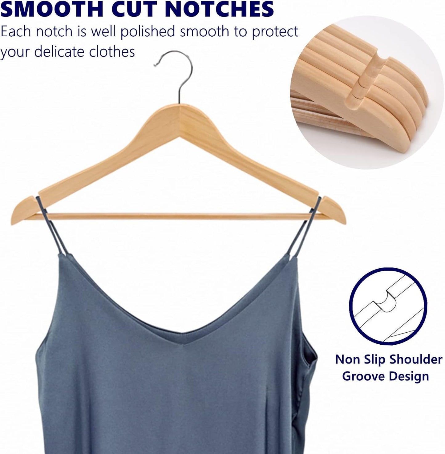 Amber Home 30 Pack Wooden Coat Hangers, Natural Wood Suit Hangers with Non Slip Pant Bar, Clothes Hangers for Shirts, Jackets, Dress, Pant (Natural, 30)