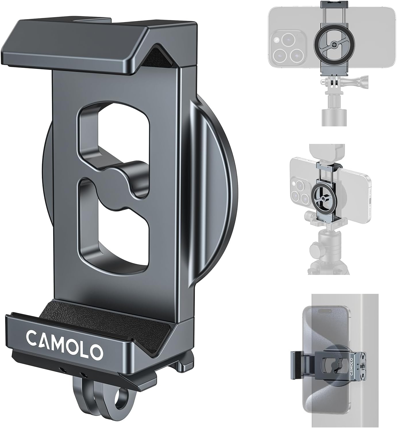 Metal Phone Tripod Mount with Arca Port & Magnetic 1/4"-20 Action Camera Adapter, Adjustable Smartphone Tripod Adapter Clamp Cell Phone Stand Holder Compatible with iPhone 16 Plus PRO Max GoPro