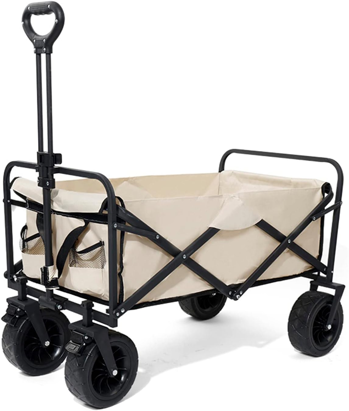 Heavy Duty Collapsible Folding Garden Trolley Cart, All-Terrain Portable Beach Wagon, Utility Grocery Cart for Camping, Fishing, Shopping, Sports - Khaki