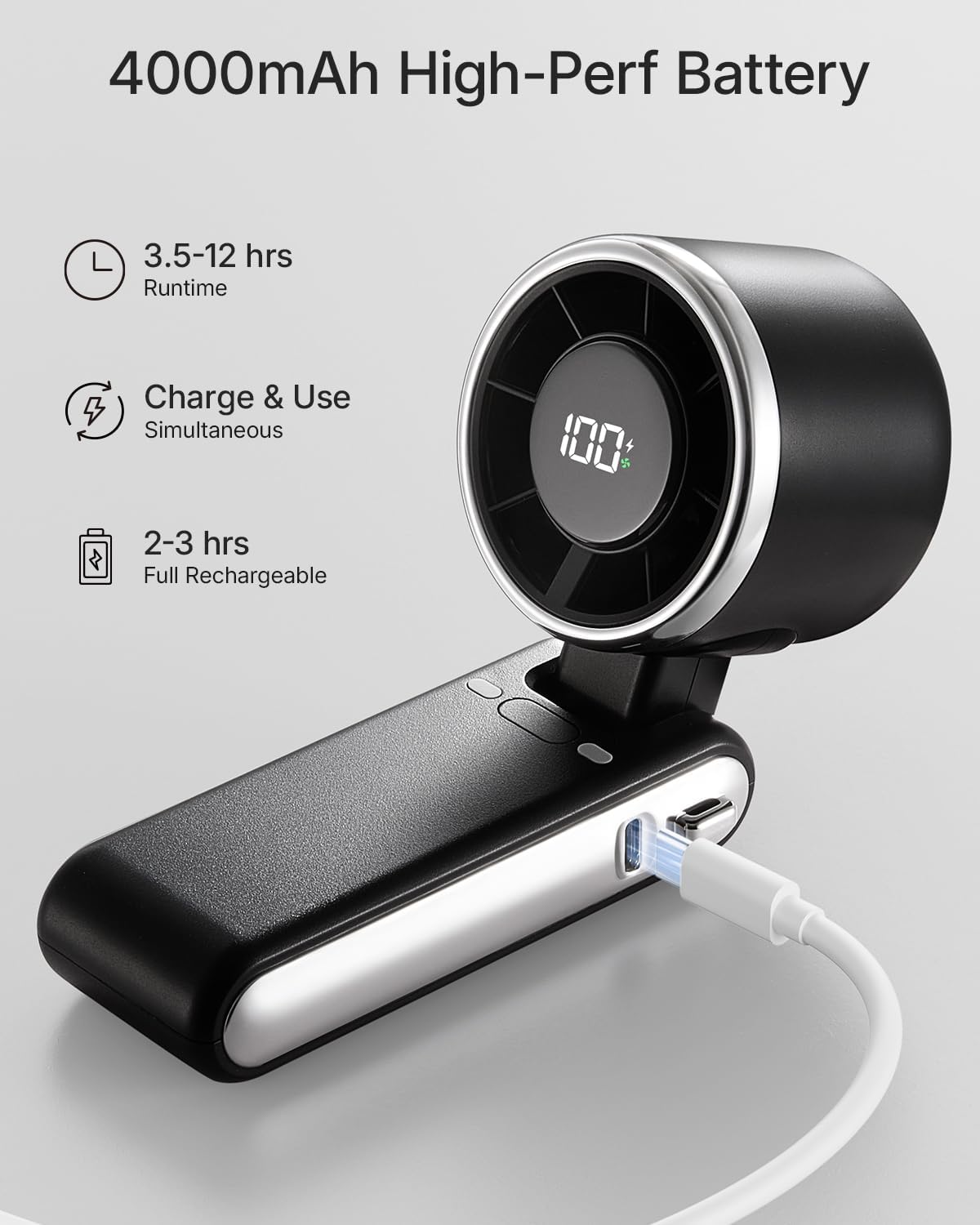 Portable Handheld Turbo Fan - 5 Gear High Speed 4000mAh Rechargeable Mini Personal Hand Fan Blow Cold Air, Battery Operated Travel Essentials, Beach Vacation, Gifts for Women, Men (Black)