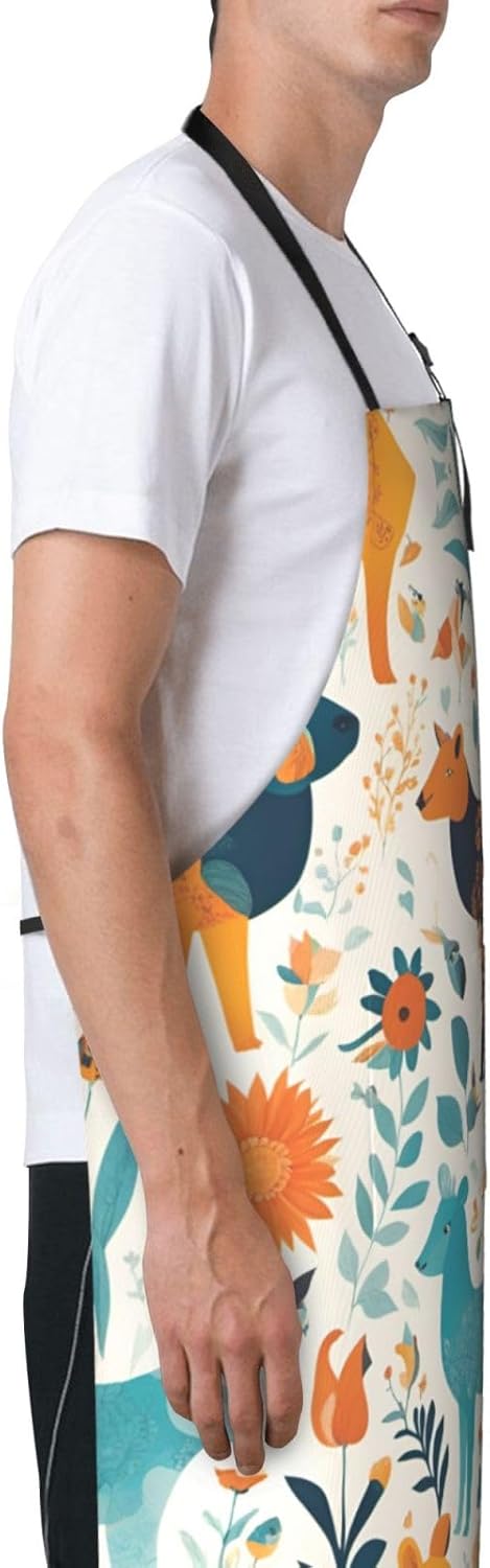 Cute Floral Animal Pattern 1 print Waterproof chef's apron with pocket apron for kitchen cooking baking barbecue and gardening