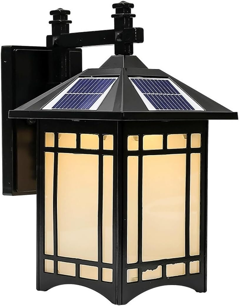 Solar Powered Outdoor Wall Lantern, E27 Wall Lamp with Classic Lattice Glass Shade, Cast Aluminum Waterproof Wall Light, Black Exterior Wall Mounted Lighting for Garden, Patio, Porch, Yard