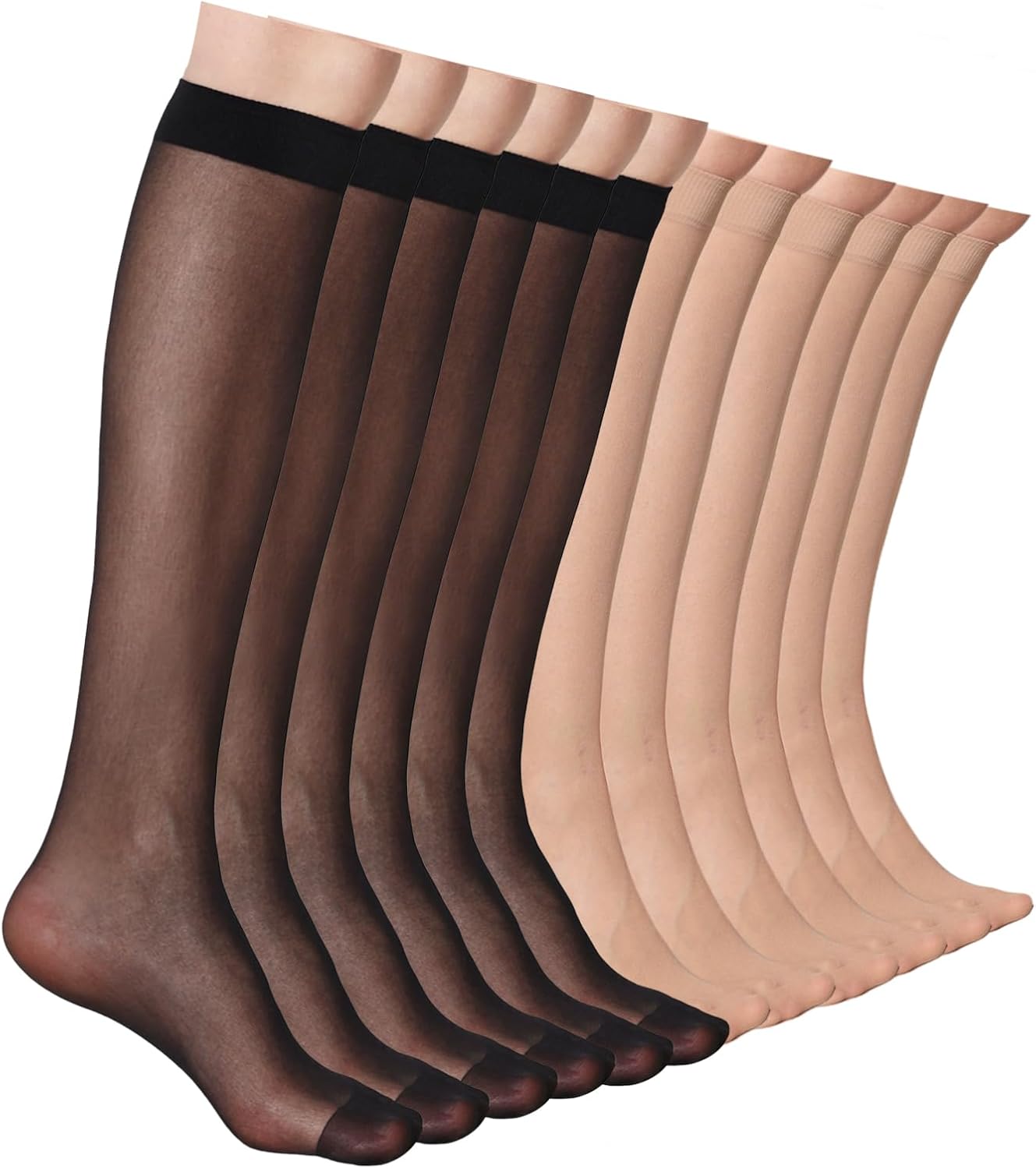 12 Pairs Knee High Stockings for Women, 20 Denier Sheer Nylon Socks fo