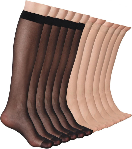12 Pairs Knee High Stockings for Women, 20 Denier Sheer Nylon Socks fo