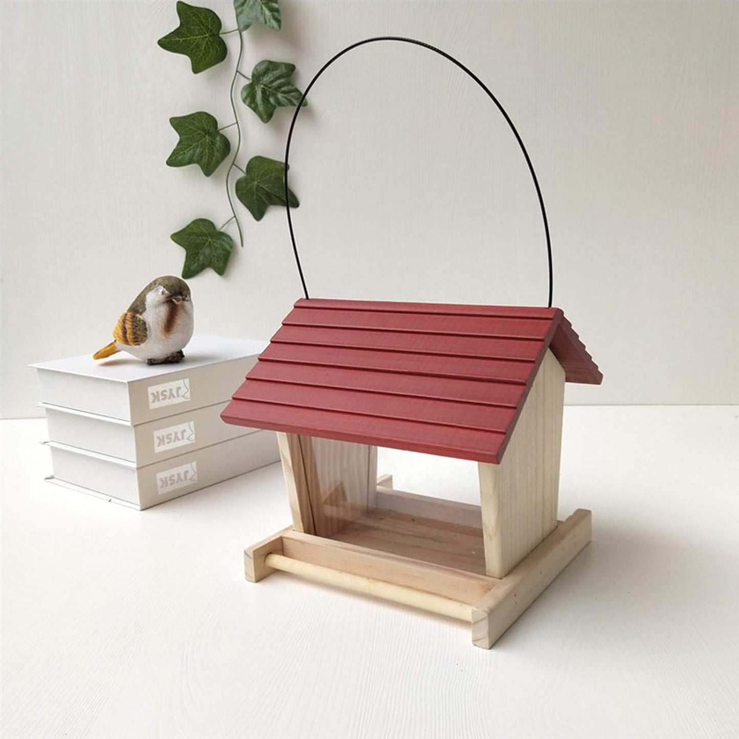 Wooden Bird Feeder House, Hanging Outdoor Rainproof Bird Feeder for Courtyard Garden Balcony with Easy-Fill Design, Wood Feeder para Aves (Red)
