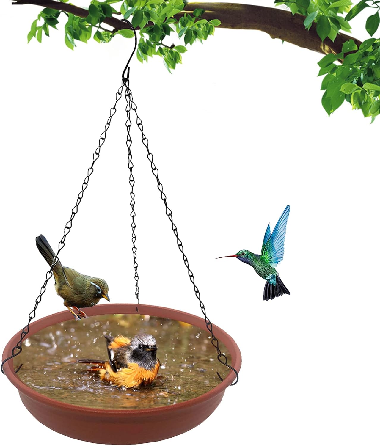 Hanging Bird Bath Bird Feeder for Outdside, 12" in Diameter × 2.25" Deep Brick Red Bird Bath Tray,Made of PP Material with 15.7" Antirust Paint Black Chain for Garden Yard Decoration