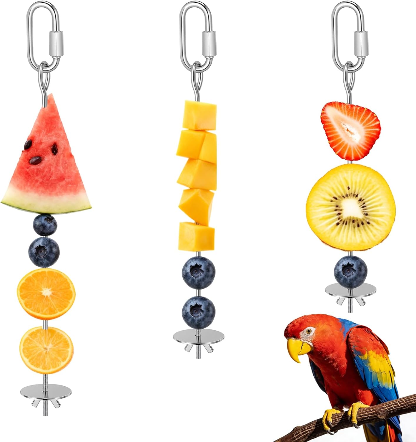 Bird Cage Food Holder, 3 Pcs Bird Treats Skewer Stainless Steel Parrot Foraging Toys Hanging Fruit Vegetable Feeder for Macaw Parakeet Budgie (3 Sizes)
