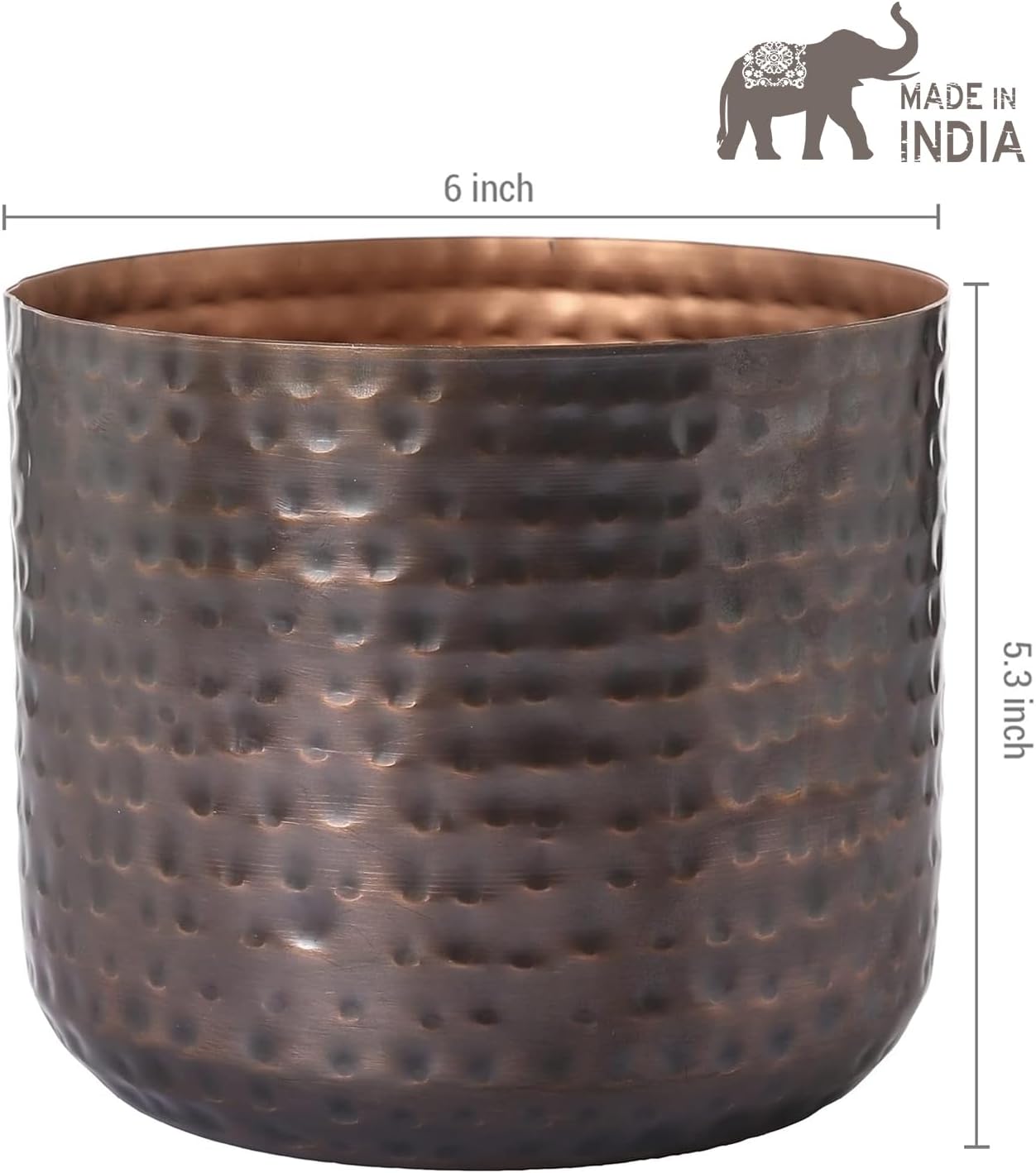MyGift 6 Inch Vintage Copper Tone Metal Vase, Flower Pot with Hammered Texture, Cylindrical Indoor Succulent Plant Container - Handcrafted in India