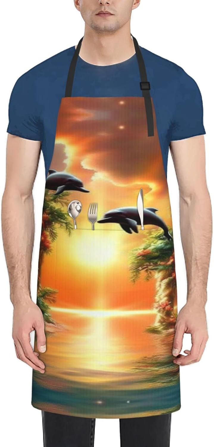 sunset dolphins print Waterproof apron with pocket adjustable cooking apron for adult kitchen bibs to bake
