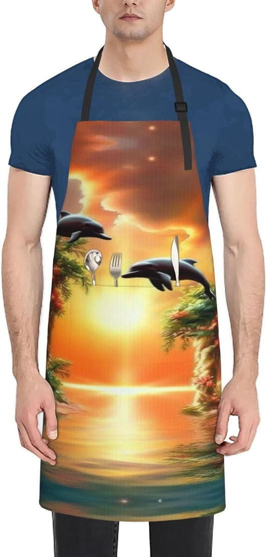 sunset dolphins print Waterproof apron with pocket adjustable cooking apron for adult kitchen bibs to bake