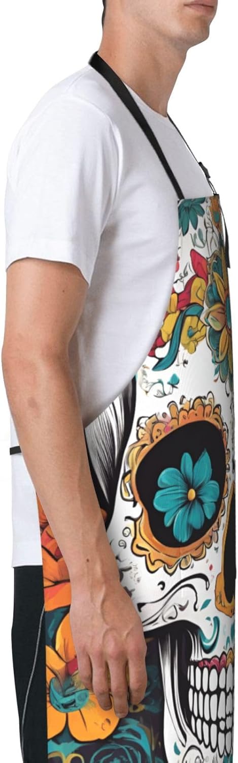 YANYU Floral Skull Print 28x33 In Kitchen Apron Stylish Chef Apron with Pockets for Cooking Baking Painting