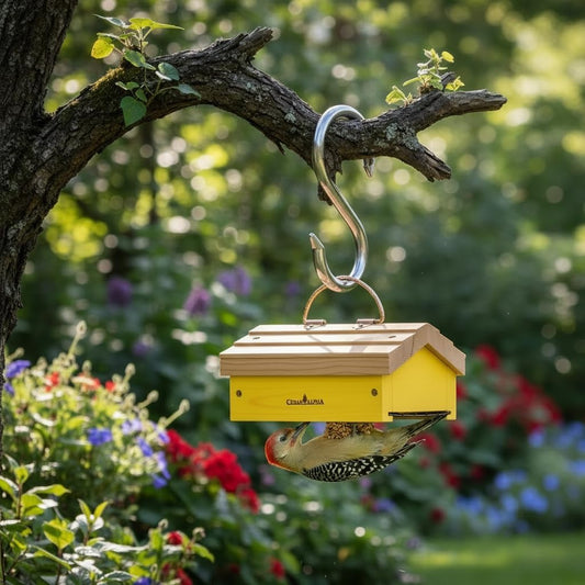 Upside Down Suet Feeder + Large Tree Hanger - Wild Bird Feeder with Rainproof Roof for Attracting Woodpeckers Nuthatches - Copper Hanger Alaskan Old Growth Red Cedar - Squirrel Proof Feeder (Y)