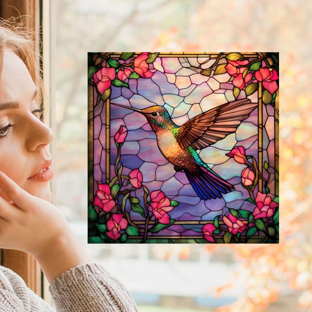 4 Stained Glass Anti-Collision Hummingbird Window Clings Decals - Removable Non Adhesive Vinyl Decals