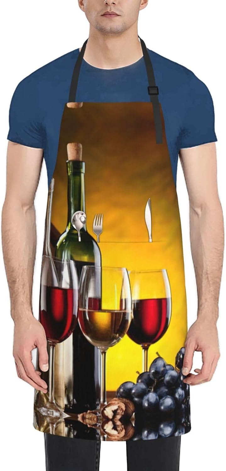 Grapes Wine Bottles and Drink Print 28 x 33in Waterproof Apron with Pockets Fashionable Versatile Smock for Baking