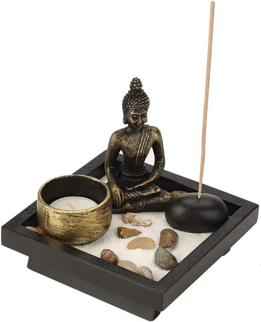 Desktop Zen Garden Kit, Mini Buddha Statue Tealight Candle Holder Ornament for Yoga Meditation Home Table Decor Gift