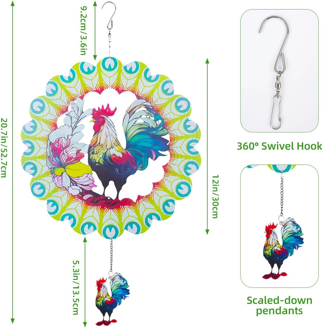 Wind Spinners Outdoor, FACIACC Rooster Metal 3D Hanging Garden Decor, 12-inch Stainless Steel Wind Spinner with Tail Spinner, Wind Sculptures for Indoor Patio Lawn Yard, Ornament Gift for Women/Men