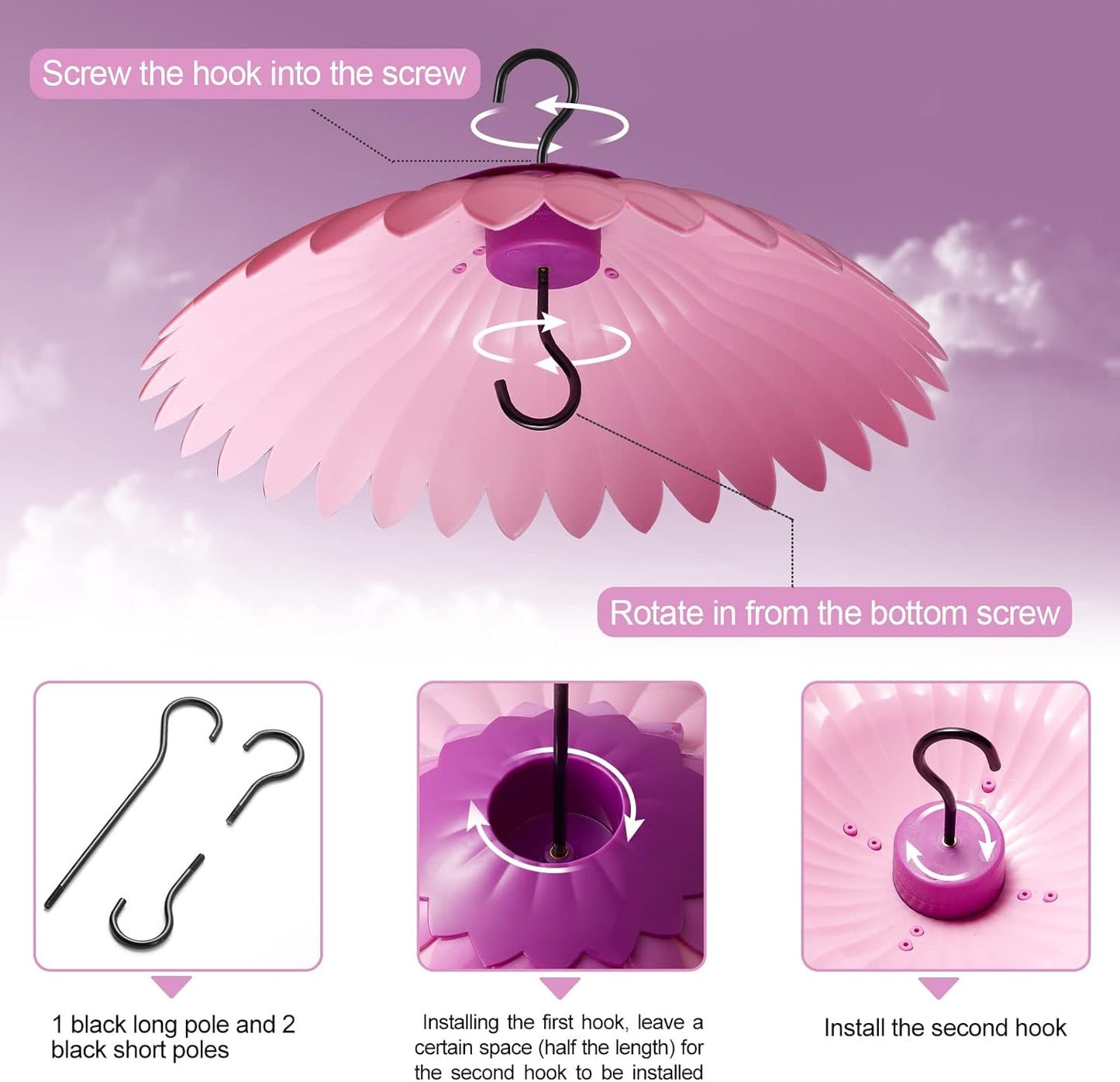 Bird Feeder Baffle Weather Rain Guard Dome Cover Keep Nectar Cool 14" Largh Diameter with Moat and 3 Hooks for Outside Hanging Hummingbird Feeder Bird Feeder（Pink Purple）