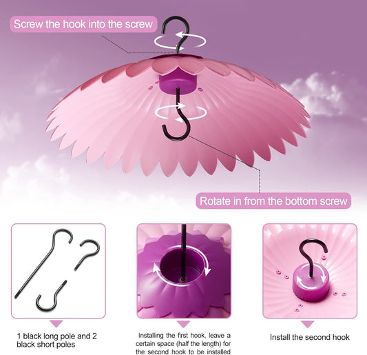 Bird Feeder Baffle Weather Rain Guard Dome Cover Keep Nectar Cool 14" Largh Diameter with Moat and 3 Hooks for Outside Hanging Hummingbird Feeder Bird Feeder（Pink Purple）