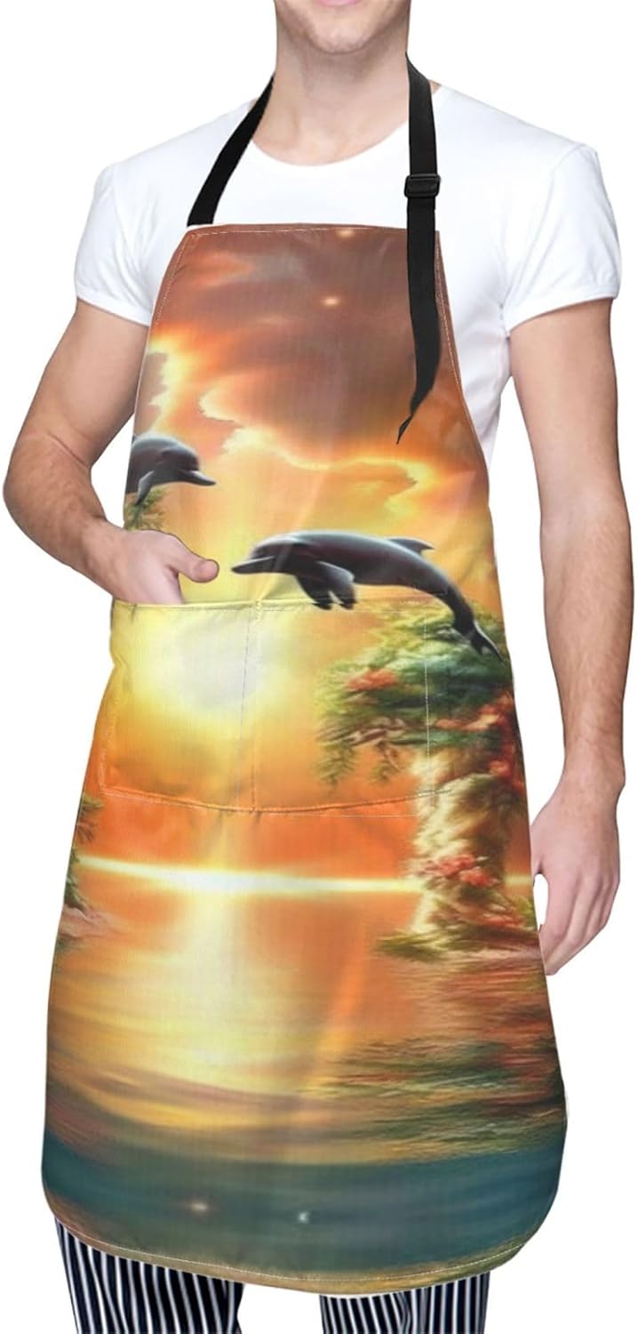 sunset dolphins print Waterproof apron with pocket adjustable cooking apron for adult kitchen bibs to bake
