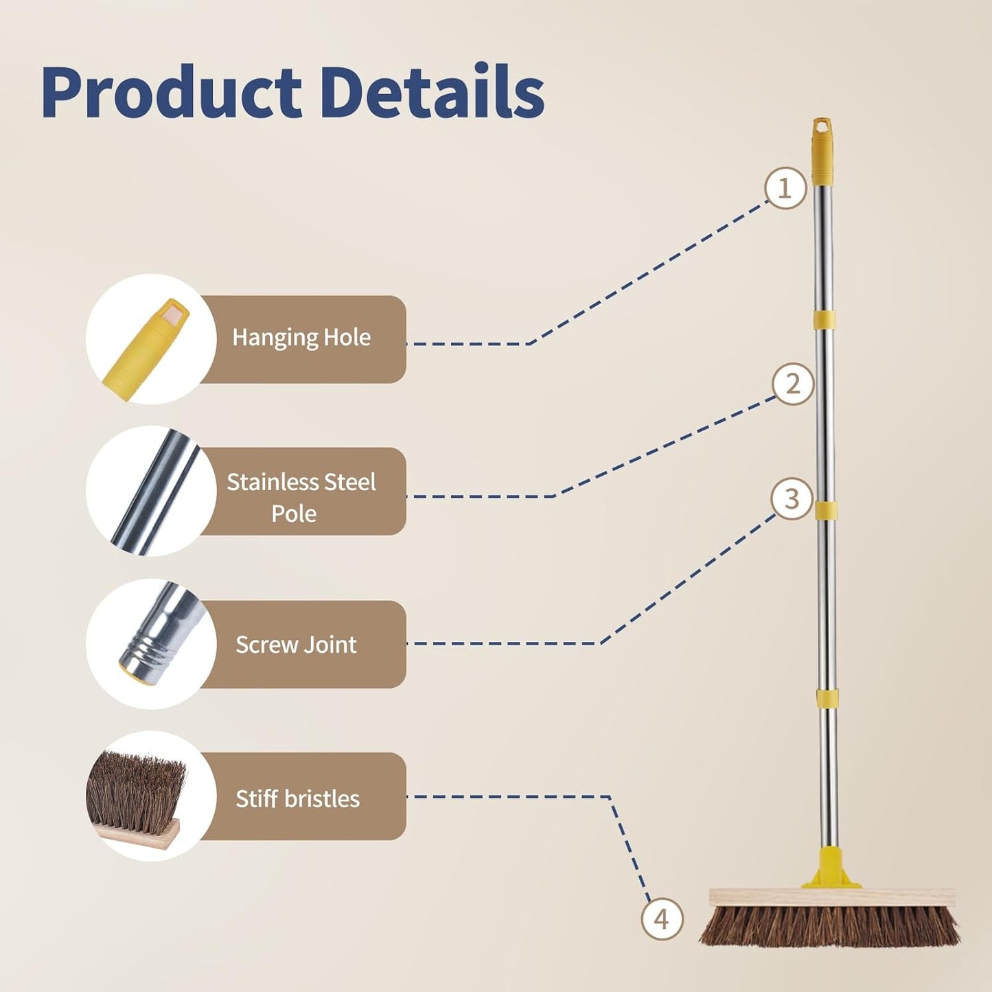 Floor Scrub Brush with Long Handle - 60" Heavy Duty Deck Brush with Stiff Natural Palmyra Bristle for Scrubbing, Outdoor Scrubber Brushes for Cleaning Concrete Floor, Garden, Patio, Shower