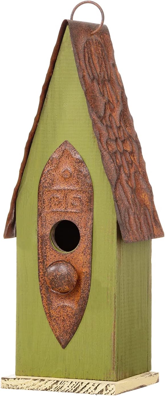 Glitzhome Bird Houses for Outside, 13.25" H Distressed Green Solid Woo